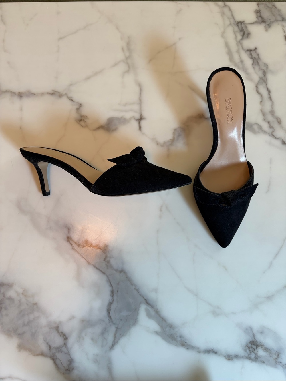 Expressions Black Pointed Mule Heels with Bow Accent